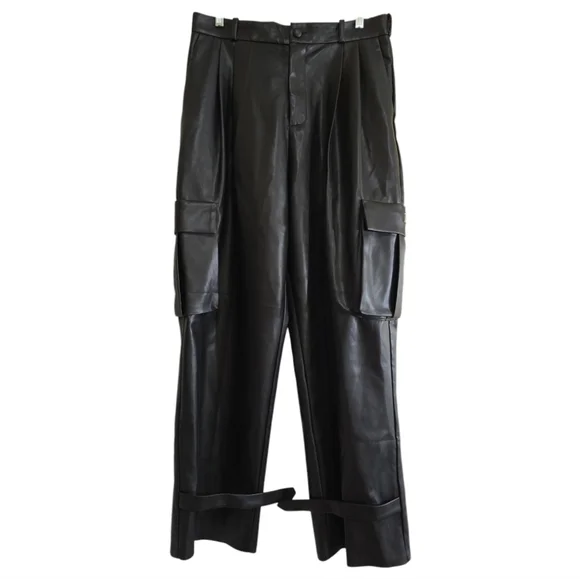 Maniere De Voir Leather Pleated Cargo Trousers in Black 12 Wide-Leg Avante Garde - Picture 3 of 9